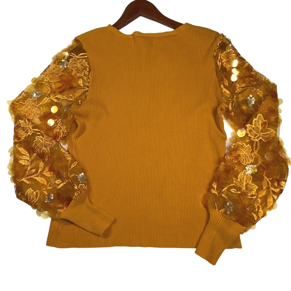 Sioni Milano S Orange Brass Fall Leaves Sequin Sleeve Ribbed Knit Top - Small - Picture 10 of 11
